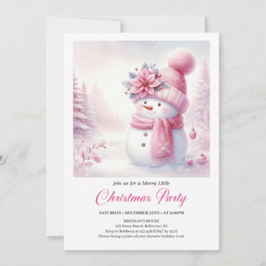 Charming Pink Snowman Kids Editable Christmas  招待状 (正面)
