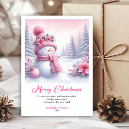 Charming Pink Snowman Kids Editable Christmas Card シーズンカード