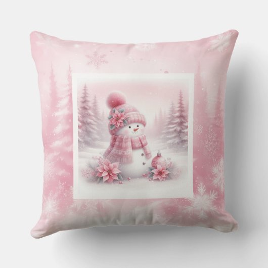 Charming Pink Snowman Pillow Winter Room Style クッション (裏面)