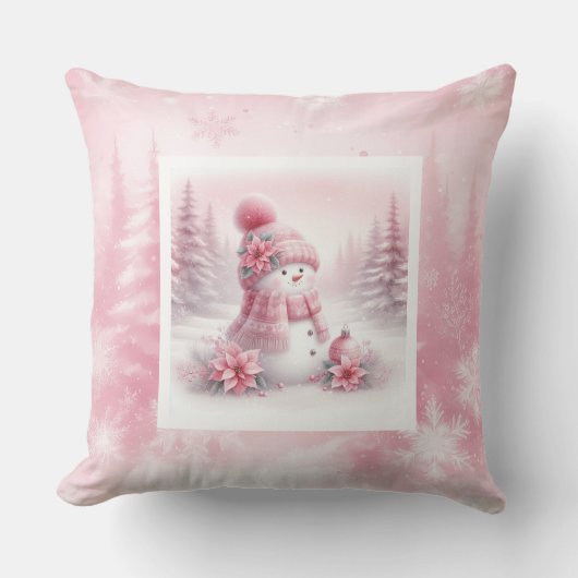 Charming Pink Snowman Pillow Winter Room Style クッション (正面)