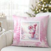 Charming Pink Snowman Snowy Winter Pillow Gift クッション