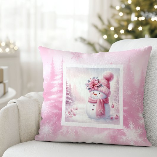 Charming Pink Snowman Snowy Winter Pillow Gift クッション