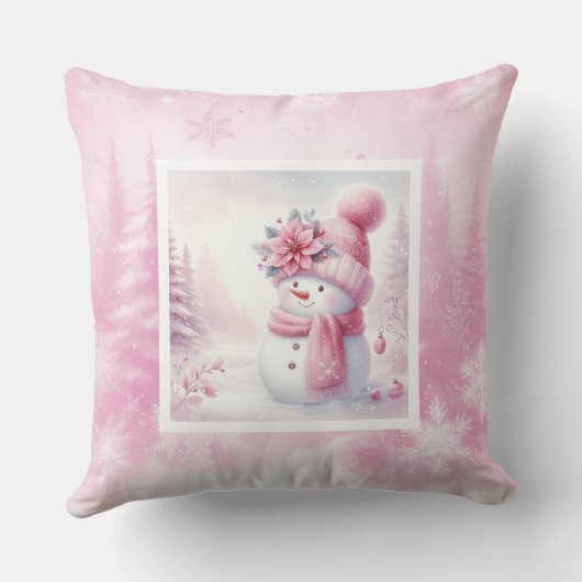 Charming Pink Snowman Snowy Winter Pillow Gift クッション (裏面)