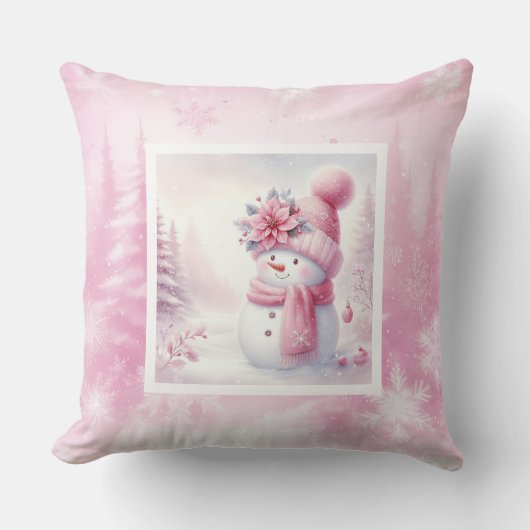 Charming Pink Snowman Snowy Winter Pillow Gift クッション (正面)