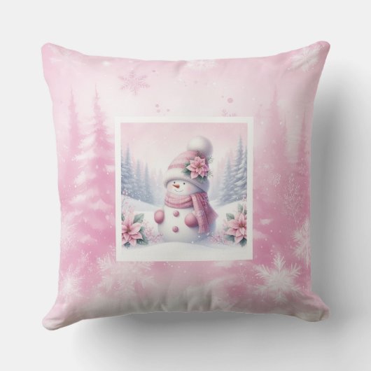 Charming Pink Snowman Winter Scene Kids Gift Pillo クッション (裏面)