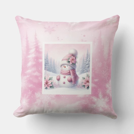 Charming Pink Snowman Winter Scene Kids Gift Pillo クッション (正面)