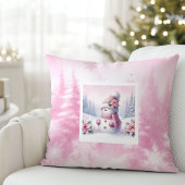 Charming Pink Snowman Winter Scene Kids Gift Pillo クッション