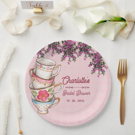 Charming Pink Teacup Floral Bridal Shower Party ペーパープレート (ウェディング)