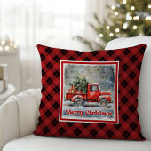 Charming red truck winter scene rustic holiday  クッション