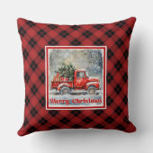 Charming red truck winter scene rustic holiday  クッション (裏面)