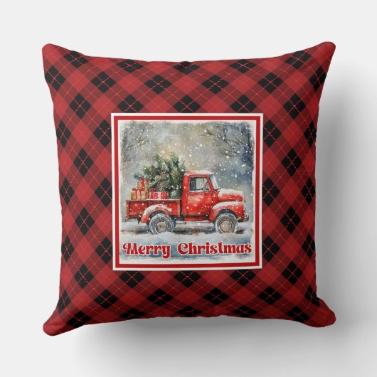 Charming red truck winter scene rustic holiday クッション (裏面)