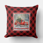 Charming red truck winter scene rustic holiday  クッション (正面)