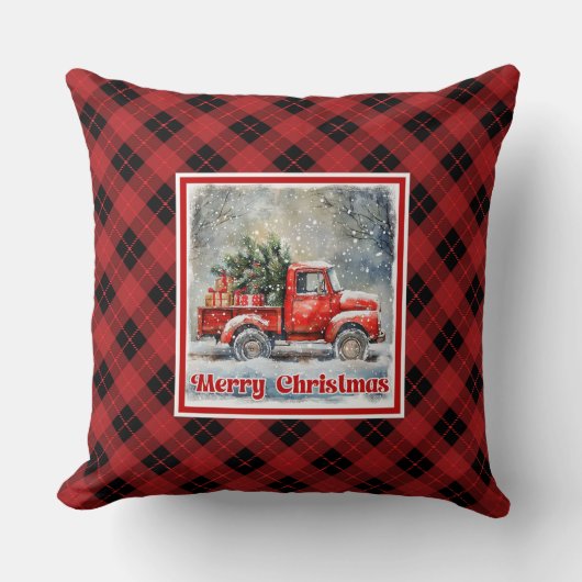 Charming red truck winter scene rustic holiday  クッション (正面)