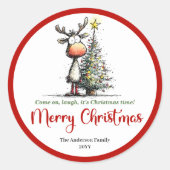 Charming reindeer funny whimsical Xmas sticker ラウンドシール (正面)