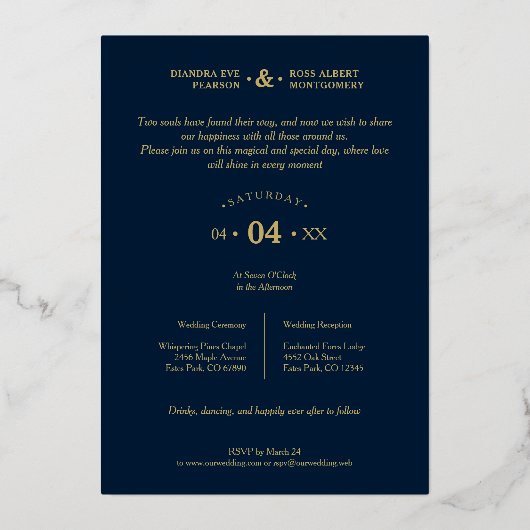 Charming Romantic Whimsy Script Navy Blue 箔招待状 (裏面)