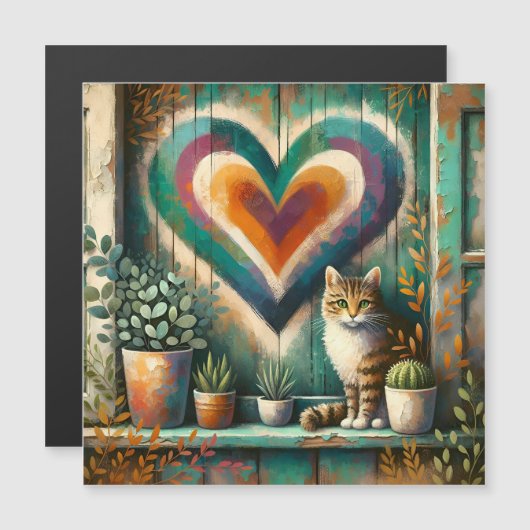 Charming Rustic Cat Heart Teal, Amber & Cream  (正面/裏面)