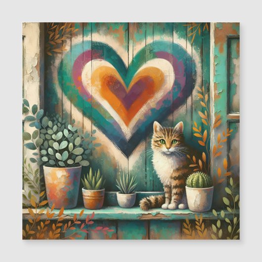 Charming Rustic Cat Heart Teal, Amber & Cream  (正面)
