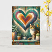 Charming Rustic Cat Heart Teal, Amber & Cream  カード (黄色い花)