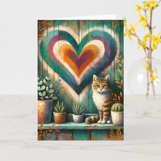 Charming Rustic Cat Heart Teal, Amber & Cream  カード (黄色い花)