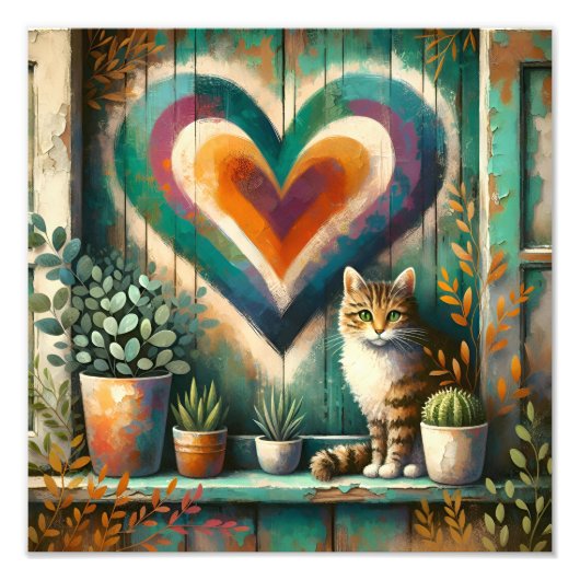 Charming Rustic Cat Heart Teal, Amber & Cream  フォトプリント (正面)