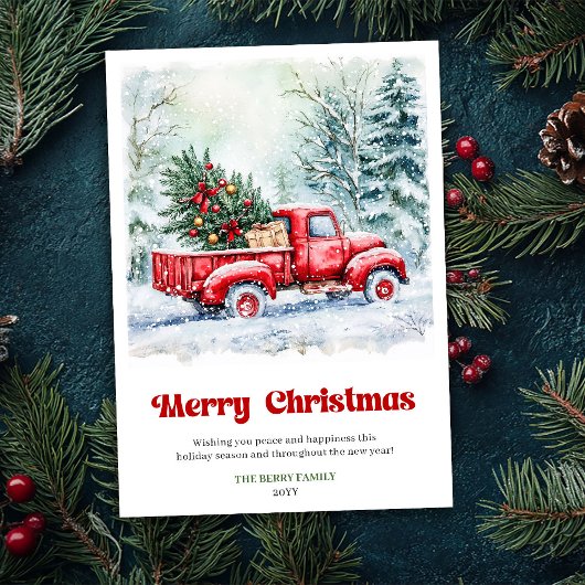 Charming Rustic Red Truck Christmas Scene Holiday  シーズンカード
