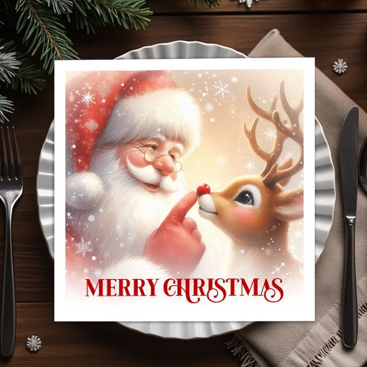 Charming Santa and Rudolph Christmas Napkins Dinne スタンダードカクテルナプキン