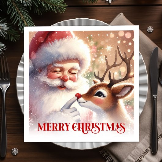 Charming Santa Rudolph Holiday Napkins Christmas スタンダードカクテルナプキン