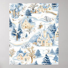 Charming Snowy Village with Woodland Animals ポスター