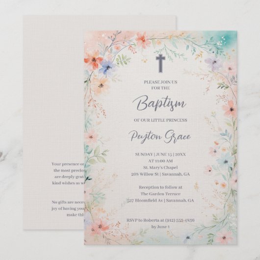 Charming Soft Botanical Floral Frame Baptism 招待状 (正面/裏面)