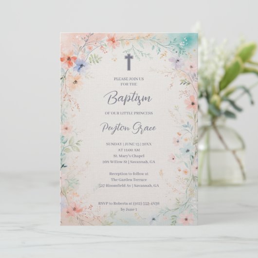 Charming Soft Botanical Floral Frame Baptism 招待状 (スタンド正面)