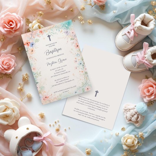 Charming Soft Botanical Floral Frame Baptism 招待状