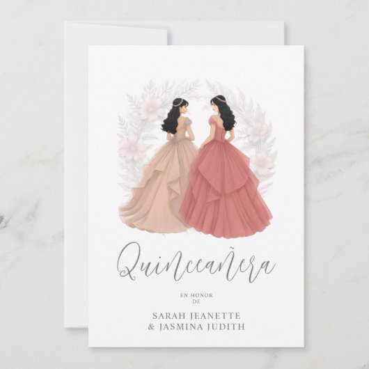 Charming Spanish Dusty Pink Shades XVs Twins 招待状 (正面)