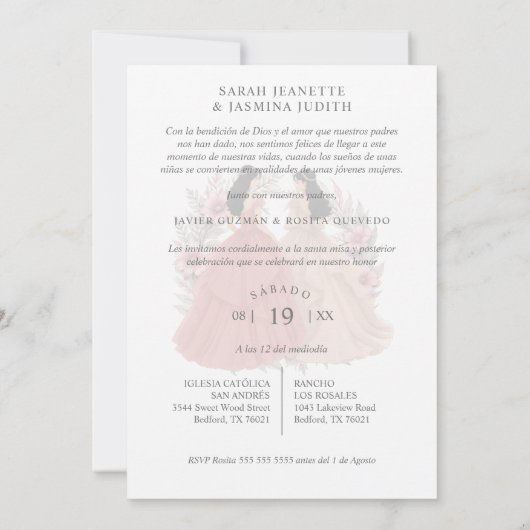 Charming Spanish Dusty Pink Shades XVs Twins 招待状 (裏面)