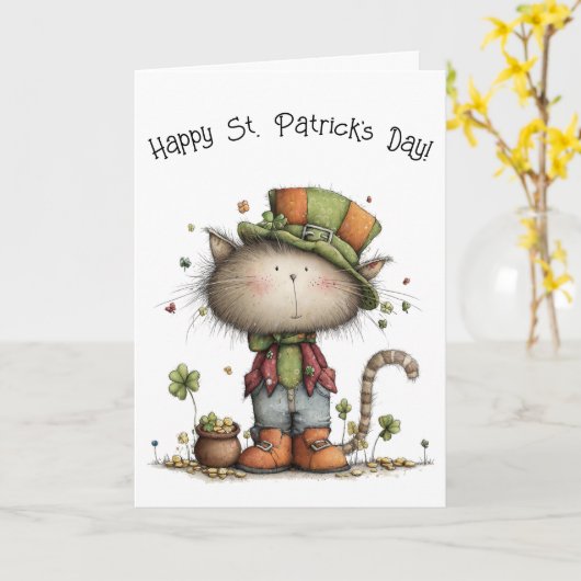 Charming St. Patrick’s Day Cat and Pot of Gold カード (黄色い花)