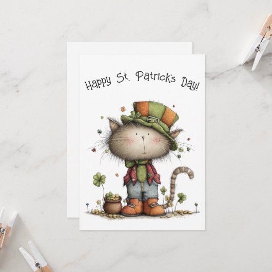 Charming St. Patrick’s Day Cat & Pot of Gold Flat カード (正面/裏面インサイチュ)