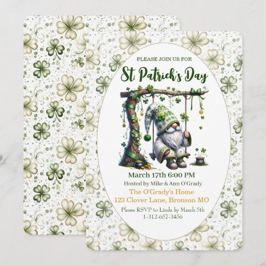 Charming St. Patrick’s Day Gnome and Clovers 招待状 (正面/裏面)