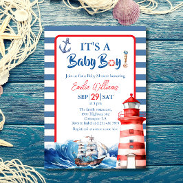 Charming Striped Blue Red Nautical Ahoy Baby Boy 招待状