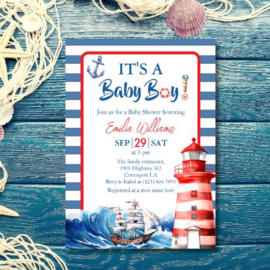 Charming Striped Blue Red Nautical Ahoy Baby Boy 招待状
