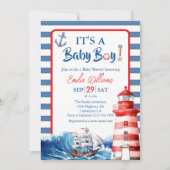 Charming Striped Blue Red Nautical Ahoy Baby Boy 招待状 (正面)