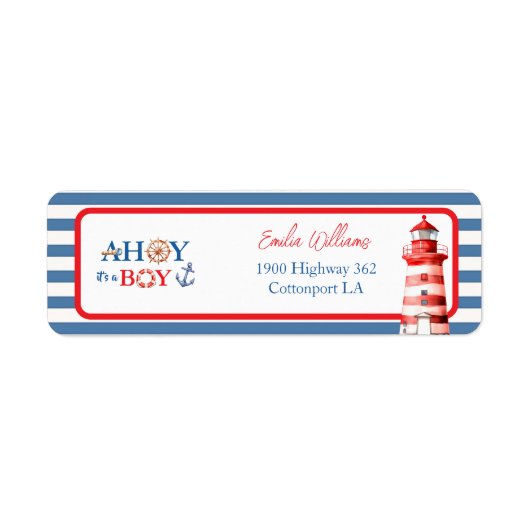 Charming Striped Blue Red Nautical Ahoy Boy ラベル (正面)
