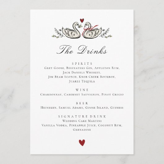 Charming Swan Pair Love Wedding drinks Menu Card メニュー (正面)