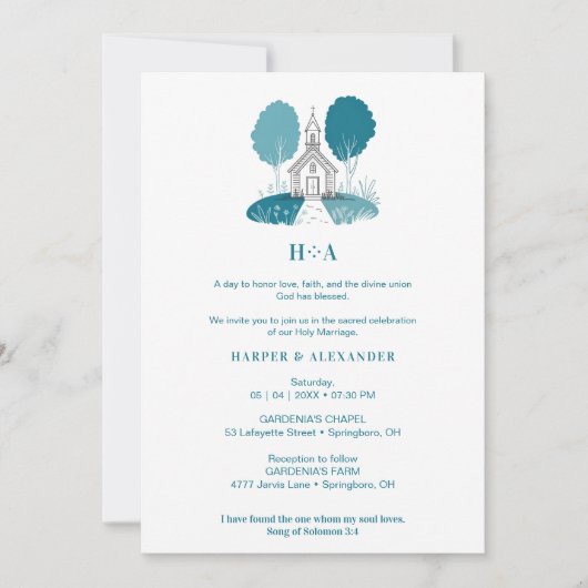 Charming Teal Church Christian Wedding 招待状 (正面)