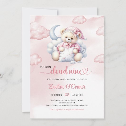 Charming Teddy Bear Baby Shower Invite Cloud Nine 招待状 (正面)