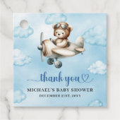 Charming Teddy Bear Pilot Blue Brown Baby Shower フェイバータグ (正面)