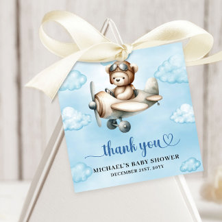 Charming Teddy Bear Pilot Blue Brown Baby Shower  フェイバータグ