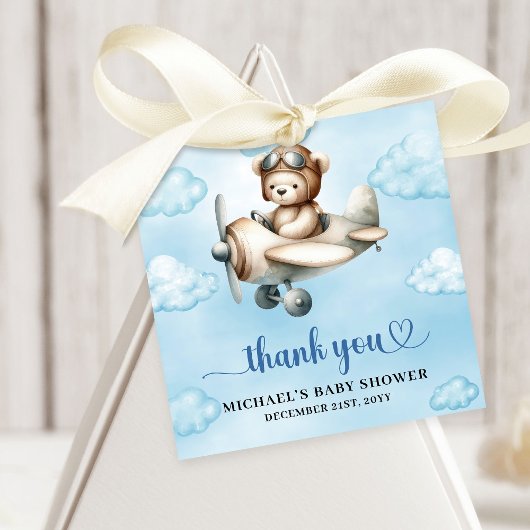 Charming Teddy Bear Pilot Blue Brown Baby Shower フェイバータグ