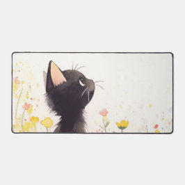 Charming Watercolor Black Cat Yellow Wildflower デスクマット