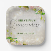 Charming Watercolor Pink Roses Quinceañera ペーパープレート (正面)