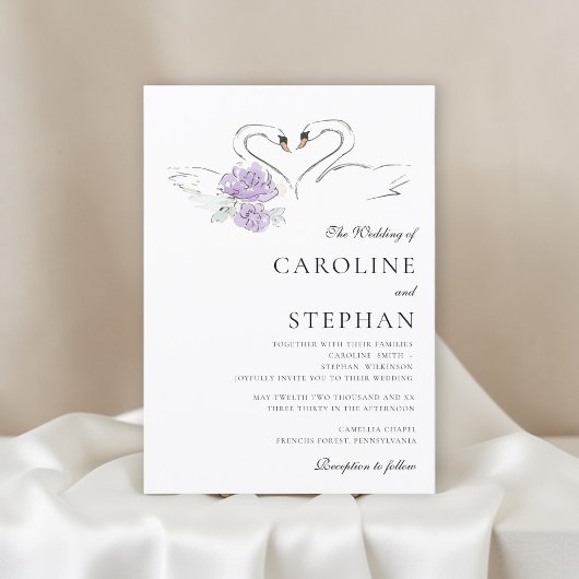 Charming Watercolor Swan Couple Wedding Announceme 招待状