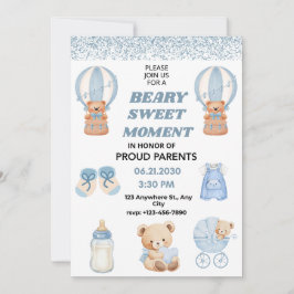 CHARMING WHITE  SKY BLUE 5X7  BEAR BOY BABY SHOWER 招待状